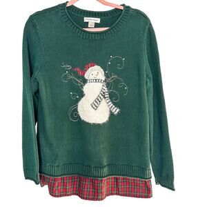 Christopher & Banks Christmas Sweater with Snowman Embellished Green Plaid Hem
